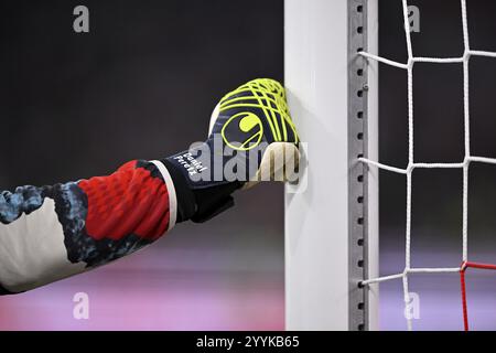 Detail, Nahaufnahme, Torwarthandschuh am Torpfosten, Torwart Daniel Peretz FC Bayern München FCB (18) Allianz Arena, München, Bayern, Deutschland, Europa Stockfoto