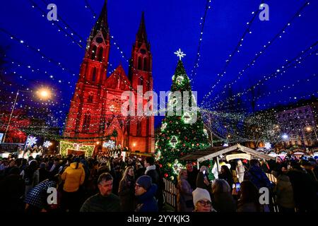 Prag, Tschechische Republik. Dezember 2024. Weihnachtsmarkt auf dem Friedensplatz in Prag, Tschechische Republik, dargestellt am 22. Dezember 2024. Auf dem Hintergrund ist die Basilika St. Ludmila zu sehen. Quelle: VIT Simanek/CTK Photo/Alamy Live News Stockfoto