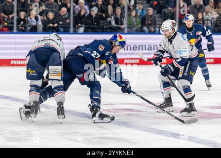 Kampf um den Puck von Veit Oswald (EHC Red Bull Muenchen, #27) mit Zach Osburn (Iserlohn Roosters, #2) und Shane Gersich (Iserlohn Roosters, #9), GER, EHC Red Bull Muenchen vs. Iserlohn Roosters, Eishockey, DEL, 29. Spieltag, Saison 2024/2025, 22.12.2024. Foto: Eibner-Pressefoto/Heike Feiner Stockfoto