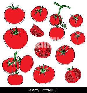 Satz Tomatensymbole. Handgezeichnetes Kritzelwerk abstrakte, flache Zeichentrickfarbe, isoliert auf weißem Hintergrund. Stock Vektor