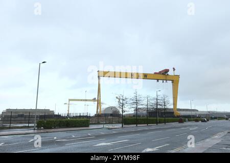 Bild der zwei Schiffbau-Portalkrane in der Harland und Wolff Werft auf Queen's Island, Belfast, Nordirland. Harland und Wolff Stockfoto