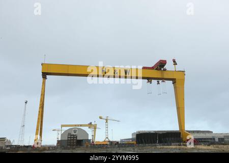 Bild der zwei Schiffbau-Portalkrane in der Harland und Wolff Werft auf Queen's Island, Belfast, Nordirland. Harland und Wolff Stockfoto