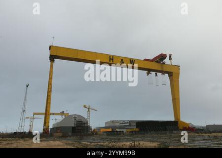 Bild der zwei Schiffbau-Portalkrane in der Harland und Wolff Werft auf Queen's Island, Belfast, Nordirland. Harland und Wolff Stockfoto