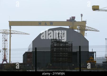 Bild der zwei Schiffbau-Portalkrane in der Harland und Wolff Werft auf Queen's Island, Belfast, Nordirland. Harland und Wolff Stockfoto
