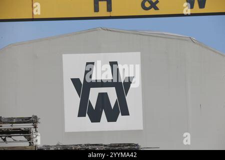 Abbildung des Harland and Wolff Logos auf den ikonischen Zwillingsschiffbau-Portalkranen in der Harland and Wolff Werft auf Queen's Island, Belfast Stockfoto