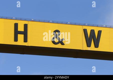 Bild der H&W-Buchstaben auf den ikonischen Zwillingsschiffbau-Portalkranen in der Harland und Wolff Werft auf Queen's Island, Belfast, Nord Stockfoto