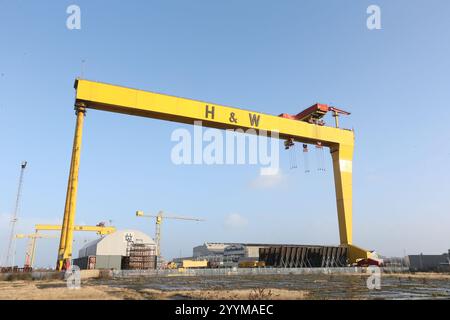Bild der zwei Schiffbau-Portalkrane in der Harland und Wolff Werft auf Queen's Island, Belfast, Nordirland. Harland und Wolff Stockfoto