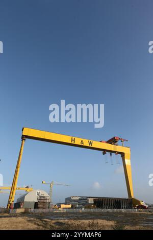 Bild der zwei Schiffbau-Portalkrane in der Harland und Wolff Werft auf Queen's Island, Belfast, Nordirland. Harland und Wolff Stockfoto