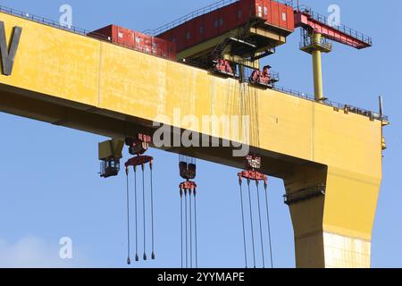 Bild der zwei Schiffbau-Portalkrane in der Harland und Wolff Werft auf Queen's Island, Belfast, Nordirland. Harland und Wolff Stockfoto