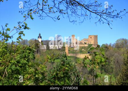 Schloss Frauenstein Auf Einem Hügel. Kleine Stadt am Fuße des Erzgebirges, Erzgebirge, Sachsen, Deutschland Stockfoto