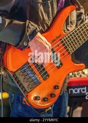 Die französische Musikerin und Sängerin Sacha Gardèr spielt eine E-Bass-Gitarre von James Trussart im Konzert - Boussay, Indre-et-Loire (37), Frankreich. Stockfoto