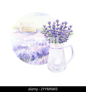 Lavendelstrauß in weißem Krug auf Hintergrund der floralen Landschaft. Hand gezeichnet Aquarell Illustration Geburtstagskarten, Hochzeitseinladungen, Kosmetiketiketiketten Stockfoto