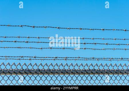 Maschendrahtzaun mit Stacheldraht und blauem Himmel Stockfoto