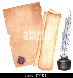 Papierbogen mit Wachsversiegelung, Papierrolle, Tintenfass und Federstift. Kalligraphie-Schreib-Clipart. Antike Studienelemente. Handgezeichnete Aquarellillustratio Stockfoto