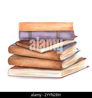 Ein Haufen Bücher. Clipart-Elemente zum Thema Lesen. Bibliothek, Buchhandlung, Schule, Universität, handgezeichnete Aquarellbilder. Stockfoto