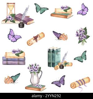 Nahtloses Muster mit Büchern, Schmetterlingen, Papierrollen, violetten und Stiefmütterchen Blumen, Tintenfass und einer Feder, Silberkrug mit einem Blumenstrauß. Handgezeichneter Vintage Stockfoto