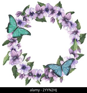 Blumenkranz mit violetten Blüten, grünen Blättern und wunderschönen Morpho-Schmetterlingen. Einfacher, floraler Kreisrahmen. Handgezeichnete Illustraten mit Vintage-Aquarellen Stockfoto