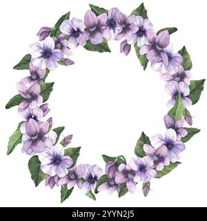 Blumenkranz mit violetten Blüten und grünen Blättern. Einfacher, floraler Kreisrahmen. Handgezeichnete Illustration mit Vintage-Aquarellen. Stockfoto