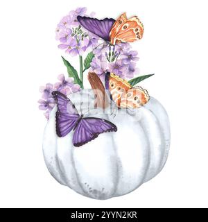 Ein großer weißer Kürbis mit violetten Hesperisblüten und exotischen Schmetterlingen. Vintage-Clipart. Halloween-Komposition. Handgezeichnete Aquarellillustration. Stockfoto