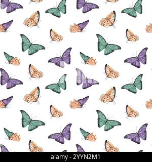 Nahtloses Muster mit farbenfrohen grünen und violetten exotischen Schmetterlingen. Handgezeichnete Aquarellillustration. Für Textilien, Geschenkpapier, Bettwäsche, Gewebe, Stockfoto