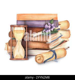 Bücher mit Papierrolle, Sanduhr und violetten Blumen. Clipart-Elemente zum Thema Lesen. Bibliothek, Buchhandlung, Buchhandlung, Universität, handgezeichnet Stockfoto