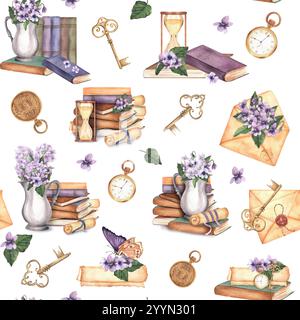 Nahtloses Vintage-Muster mit Büchern, Schlüsseln, Taschenuhr, violetten Blumen, Umschlägen. Handgezeichnete Aquarellillustration Stockfoto