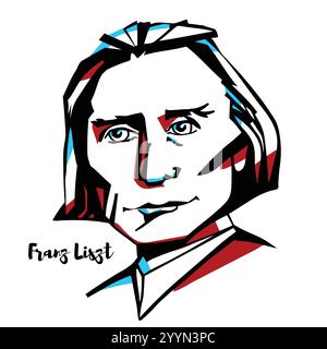 Franz Liszt graviertes Vektorporträt mit Tintenkonturen. Ungarischer Komponist, virtuoser Pianist, Dirigent und Lehrer der Romantik Stock Vektor