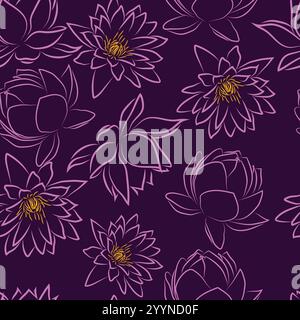 Lotus stilisiertes Blumenmuster, Vektor Lotus nahtlose Muster Hintergrund Tapete, Stoff, Textil und Verpackungspapier. Linie exotischer Lotus. Stock Vektor