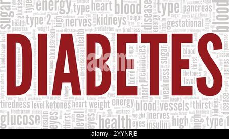 Diabetes Word Cloud Konzeptdesign isoliert auf weißem Hintergrund. Stock Vektor