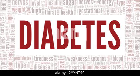 Diabetes Word Cloud Konzeptdesign isoliert auf weißem Hintergrund. Stock Vektor