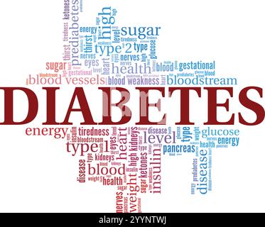 Diabetes Word Cloud Konzeptdesign isoliert auf weißem Hintergrund. Stock Vektor