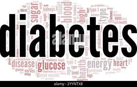 Diabetes Word Cloud Konzeptdesign isoliert auf weißem Hintergrund. Stock Vektor