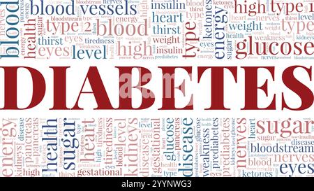 Diabetes Word Cloud Konzeptdesign isoliert auf weißem Hintergrund. Stock Vektor