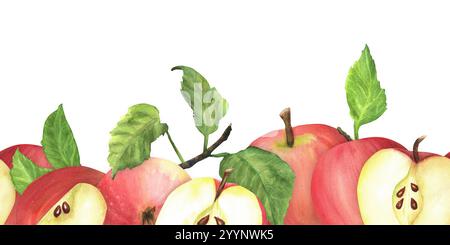 Nahtloser Unterrand mit frischen roten Äpfeln, Scheiben und grünen Blättern. Handgezeichnete Aquarellillustration. Für Postkarten, stationäre Ausführung. Garten Stockfoto