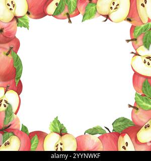 Quadratischer Rahmen mit roten Äpfeln und grünen Blättern. Nahtloser Rahmen für Gartenfrüchte. Handgezeichnete Aquarellillustration. Stockfoto