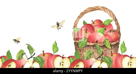 Nahtloser Unterrand mit frischen roten Äpfeln im Korb und in der Nähe, Scheiben und grünen Blättern und Honigbienen. Handgezeichnete Aquarellillustration. Garten f Stockfoto