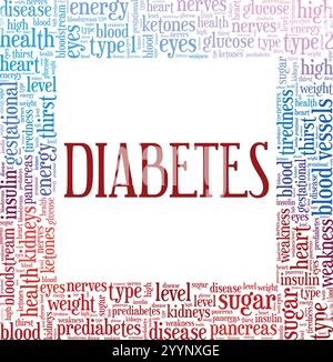 Diabetes Word Cloud Konzeptdesign isoliert auf weißem Hintergrund. Stock Vektor