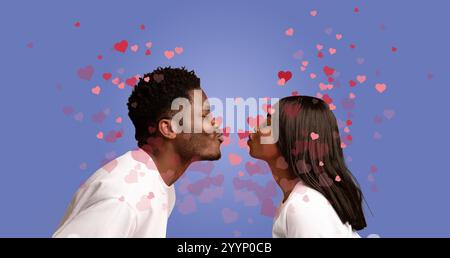 Ein Paar teilt sich am Valentinstag einen liebevollen Kuss, umgeben von Herzen Stockfoto