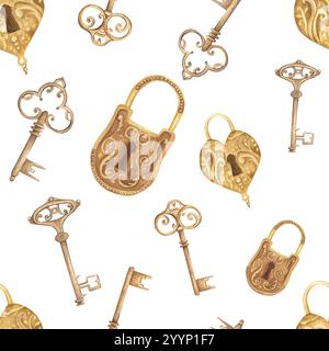 Nahtloses Muster im Vintage-Stil mit Vorhängeschlössern und antiken Schlüsseln. Clipart in ockerfarbener Farbe. Handgezeichnete Aquarellillustration. Stockfoto