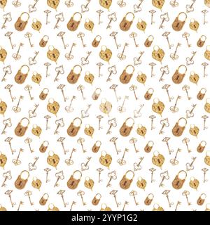 Handgezeichnete Aquarellillustration. Nahtloses Muster im Vintage-Stil mit Vorhängeschlössern und antiken Schlüsseln. Clipart in ockerfarbener Farbe. Stockfoto