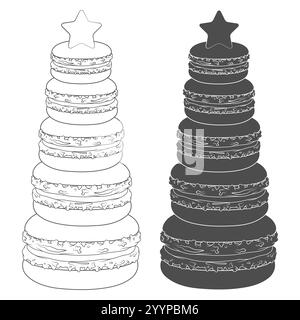 Set aus schwarz-weißen Illustrationen mit Weihnachtsbaum aus Dessert-Makronen. Isolierte Vektorobjekte. Stock Vektor