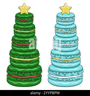 Farbillustrationen mit Weihnachtsbaum aus Dessert-Makronen. Isolierte Vektorobjekte auf weißem Hintergrund. Stock Vektor