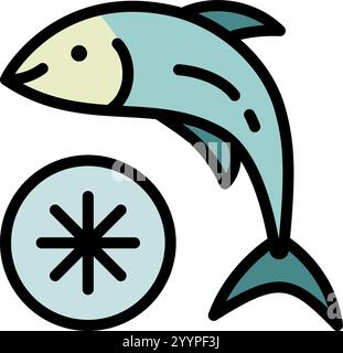 Farbsymbol für gefrorene Lebensmittel. Haltbar gemachter Fisch. Kalter Lachs. Gefrosteter Bio-Fisch und Meeresfrüchte. Einfaches Symbol. Vektor isolierte abgewickelte Darstellung. Stock Vektor