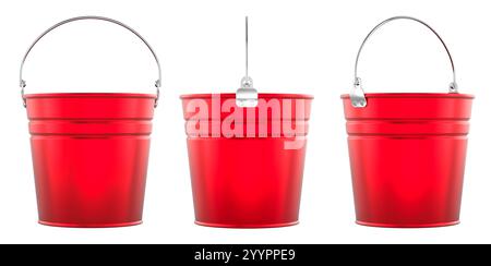 Rot verzinkter Eimer, Ansicht von verschiedenen Seiten. 3D-Rendering isoliert auf weißem Hintergrund Stockfoto