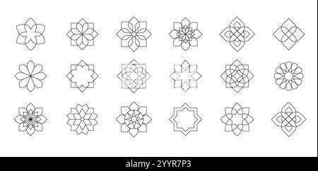 Sammlung von schwarz-weißen linearen arabischen orientalischen Vektorelementen. Traditionelle arabeske Ikonen, Ornamente und Muster. Abstrakte Blume Stock Vektor