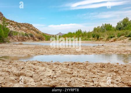 Blaue Teiche und Schlamm in der Wüste im Big Bend National Park Texas. Foto an einem klaren blauen Himmel Stockfoto