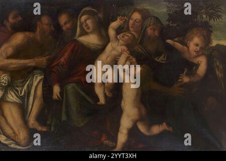 Domenico Campagnola (1500–64) - die Heilige Familie mit den Heiligen Jerome und Franziskus (^) Stockfoto