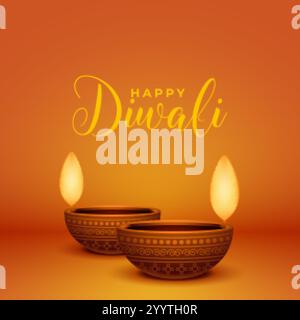 Realistische glückliche diwali Grußkarte mit zwei Diya-Lampen Stock Vektor