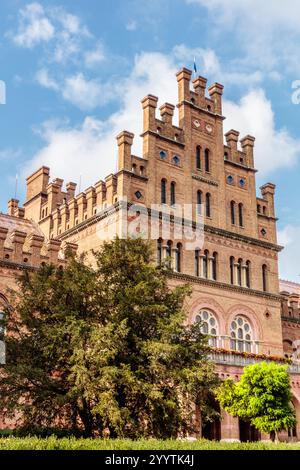 Ein großes Backsteingebäude mit einem Baum davor. Das Gebäude hat viele Fenster und ein blaues Dach Stockfoto