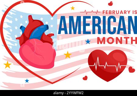 Februar ist amerikanische Herz-Monat-Vektor-Illustration, die eine USA Flagge und ein rotes Herz Symbol für Gesundheit Bewusstsein in einem flachen Stil Karikaturhintergrund zeigt Stock Vektor